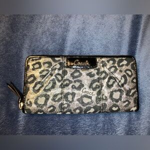 EUC Coach leopard print metallic canvas and black leather zip-around wallet